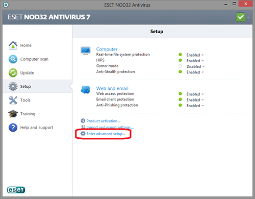 ESET setup menu, advanced setup